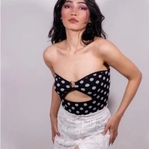 ZARA Polka Dot Strapless BODYSUIT Size M L Black White Ring Detail NEW w/ TAGS - Picture 9 of 9